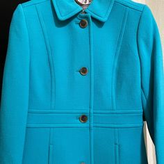 Nwt J.Crew Classic Lady Day Coat In Italian Double-Cloth Wool With Thinsulate Item 49622 Size 00 Color Bl6498 The Last Layer Should Make A Great First Impression: This Flattering, Feminine Coat Is Cut From Our Signature Double-Cloth Wool, Which We've Used In Our Collection Every Single Year Since 2001. It Takes Color Beautifully And Is Made Exclusively For Us By Italy's Manifattura Di Carmignano Mill (Known The World Over For Its Exceptional Woolen Fabrics). Italian Wool/Nylon. Round Collar. Fun Classic Light Blue Outerwear For Fall, Classic Light Blue Winter Outerwear, Classic Light Blue Long Sleeve Outerwear, Classic Blue Outerwear For Spring, Turquoise Long Sleeve Winter Outerwear, Turquoise Long Sleeve Outerwear For Winter, Winter Fitted Light Blue Blazer, Fitted Light Blue Outerwear With Buttons, Fitted Light Blue Winter Blazer