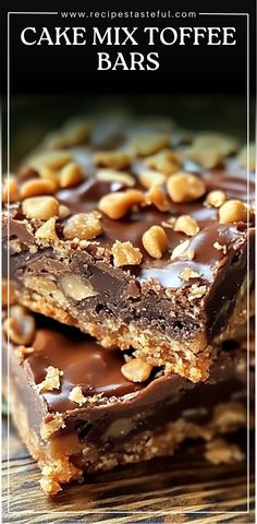 three pieces of cake mix toffee bars stacked on top of each other with chocolate and nuts