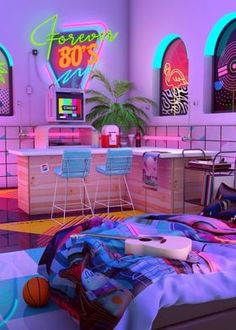 a bedroom with neon lights and furniture in it