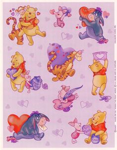 winnie the pooh sticker sheet with hearts and other cartoon characters on it's back