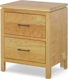 a wooden nightstand with two drawers on one side and an open drawer on the other