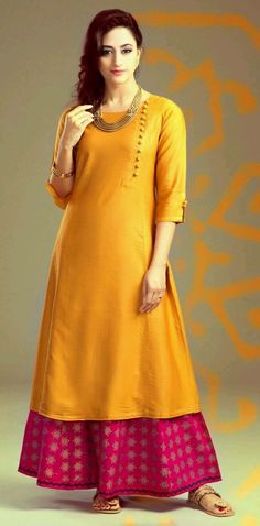 Nice layering and different fabrics Yellow Kurti Design, Yellow Kurti, Salwar Designs, Kids Frocks Design, Kurti Design, Kurta Designs Women, Frock Design