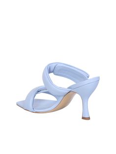 Squared toe. Double strap closure. Padded design. Logo insole. High-heel. Colour: Light blue Heel: 8 cm Material: 100% Lamb, 100% Kid, 100% Cow Made in ItalyComposition: 100% Lamb, 100% Kid, 100% Cow High Heel Synthetic Kitten Heels With Heel Loop, Synthetic High Heel Kitten Heels With Heel Loop, Light Blue Synthetic Sandals For Evening, Blue Pointed Toe Kitten Heels For Summer, Summer Blue Pointed Toe Kitten Heels, Light Blue Open Heel Synthetic Sandals, Light Blue Synthetic Open Heel Sandals, Blue Open Toe Heels With Heel Loop, Light Blue Open Toe Sandals For Evening