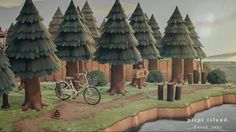 a painting of a forest with trees and a bicycle parked in the foreground next to a lake