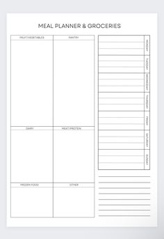 the meal planner and grocery list is shown in this printable version, which includes two separate