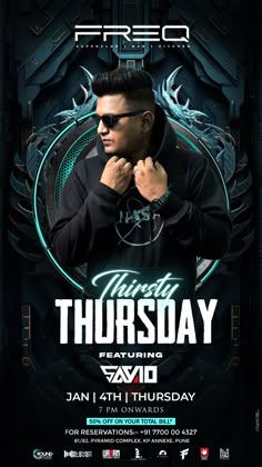 the flyer for an event with a man wearing sunglasses and black shirt, standing in front of