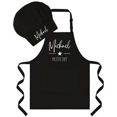 a black apron and hat with the name michael master chef on it's side