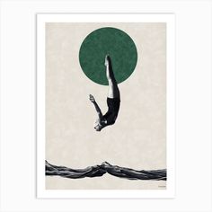 a man diving into the water with a green circle above him on a beige background