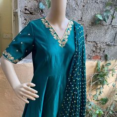 Hand embroidered Anarkali with bandhani dupatta / anarkali suit set / anarkali dupatta USA / gaji silk  dupatta / Indian dresses/ voggish / collar dress         Looking for a perfect indian dress/anarkali/suit sets that are trendy, unique and easy to carry !! yess, You are at the right place. we carry such versatile pieces of anarkalis and suit sets that really let you stand out in any occassion !!      featuring this beautiful chanderi dress in forest green color with hand embroidered V neck an Gaji Silk Dupatta, Indian Dresses Anarkali, Chanderi Dress, Dress Anarkali, Chanderi Silk Suits, Bandhani Dupatta, Silk Anarkali, Embroidered Anarkali, Indian Dress