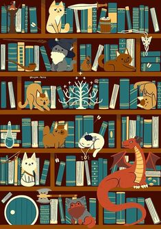 a book shelf filled with lots of books and animals on top of it's shelves