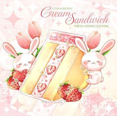 strawberry cream sandwich with rabbits and strawberries on the side, in front of a pink background