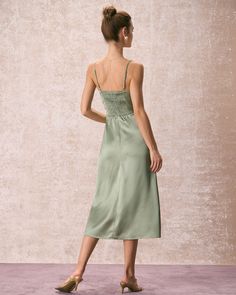 The Green Square Neck Satin Slip Midi Dress & Reviews - Green - Dresses | RIHOAS Slip Midi Dress, Tailored Clothes, Green Square, Satin Midi Dress, Green Midi Dress, Perfect Wardrobe, Satin Slip, Hip Length, Green Dress