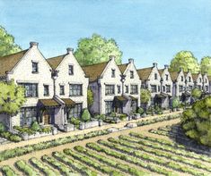 this is an artist's rendering of a row of houses in the country side