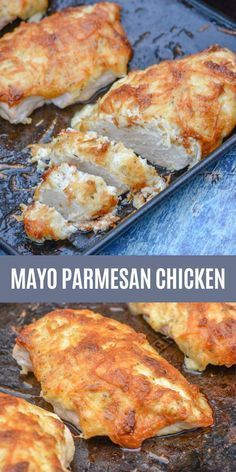 some chicken is cooking on a grill with the words mayo parmesan chicken over it