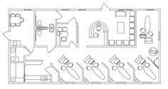 the floor plan for an office with two desks and several chairs, one is empty