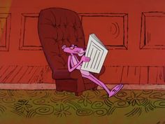 a pink cartoon character sitting in a chair reading a newspaper