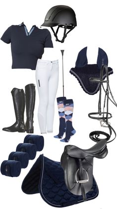 horse riding gear including boots, saddles, and gloves on display in a white background