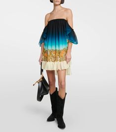 Off Shoulder Printed Silk Minidress in Blue - Etro | Mytheresa Silk Off-shoulder Mini Dress For Spring, Off-shoulder Silk Mini Dress For Spring, Spring Silk Off-shoulder Mini Dress, Silk Ruffle Dresses For Vacation, Silk Mini Dress For Vacation, Bohemian Silk Mini Dress For Summer, Silk Ruffle Hem Dress, Bohemian Silk Mini Dress, Bohemian Off-shoulder Mini Dress With Ruffles