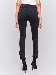 Elevate your everyday look with these slim fit charcoal black jeans featuring a unique frayed tulip hem. With a mid-rise and crafted for a slim leg fit, they combine comfort, style, and durability perfectly. Whether pairing them with your favourite blouse or a casual tee, these jeans will make you stand out. Slim leg fit Ankle-length Two-layered back tulip hem Five-pocket design Stretch denim material Mid-rise waist Denim Editorial, Linen Jackets, Vest Blazer, Short Denim, Maxi Robes, Denim Material, Charcoal Black, Linen Skirt, Midi Maxi Dress