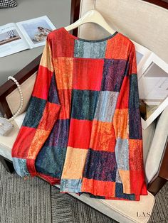 Lasaky - Womens Plus Size Colorblock Grid Print Long Sleeve V Neck Henley T-Shirt with Medium-stretch Fabric - Ideal for Casual Wear Multicolor Color Block Top For Fall, Multicolor Stretch T-shirt For Fall, Multicolor Patchwork V-neck Top, Multicolor Color Block Crew Neck Top, Patchwork Stretch Tops For Fall, Multicolor Stretch Crew Neck Top, Spliced Stretch Tops For Fall, Multicolor Crew Neck Top With Splicing, Multicolor Spliced Crew Neck Top