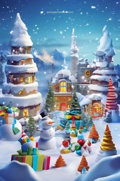 a christmas scene with snowmen and presents in the foreground is an image of a snowy village