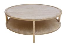 a round coffee table with two shelves on each side