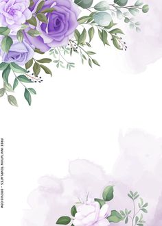 purple flowers and green leaves are on the corner of this watercolor painting background with space for text