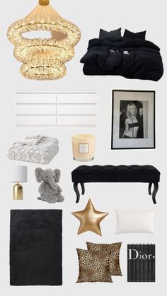 black and white bedroom with gold accents