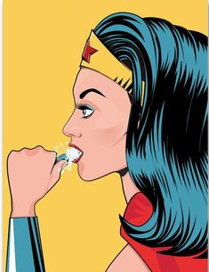 a woman with blue hair and a wonder costume eating something out of her mouth in front of yellow background