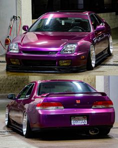 two pictures of a purple car parked in front of a building