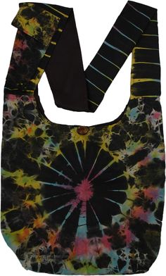 Bohemian black tie-dye cotton shoulder bag - a really attractive and colorful bag to be on your shoulder with all the things you need when you are out and traveling, including a pocket for a cell phone.  The shoulder strap is long enough that can be comfortably worn across the shoulder or cross-body. #tlb #Pocket #Yoga #vacationclothing #beachwrap #TieDye #bohemianfashion #Handmade #BohemianBag Hippie Cotton Shoulder Bag For Travel, Summer Festival Cotton Hobo Bag, Bohemian Black Shoulder Bag With Cell Phone Pocket, Casual Cotton Hobo Bag For Festival, Summer Hippie Hobo Bag For Everyday Use, Hippie Shoulder Bag For Everyday Use In Summer, Black Casual Bags For Festivals, Casual Black Bag For Festival, Black Shoulder Bag With Cell Phone Pocket For Festivals