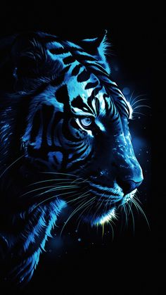 a black and white tiger in the dark with its eyes glowing blue, it looks like he is looking at something