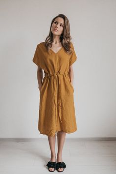 Linen dress Jessica. Linen tunic dress. Summer linen dress. | Etsy V-neck Linen Midi Dress With Belt, Relaxed Fit V-neck Dress With Tie Waist, Beach Linen V-neck Dress With Tie Waist, Vacation Linen Midi Dress With Tie Waist, Linen Belted V-neck Midi Dress, Belted Linen V-neck Midi Dress, Linen Midi Dress With Tie Waist For Vacation, Relaxed Fit V-neck Linen Dress With Pockets, Belted V-neck Linen Midi Dress