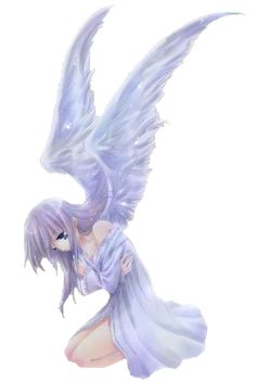 a drawing of an angel with long purple hair and wings, kneeling down on the ground