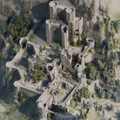 an artist's rendering of a castle in the middle of a mountain range with lots of trees