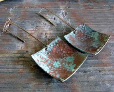 Copper verdigris patina earrings. Antiqued sterling silver handmade hooks. Aged jewelry. Organic squ Rectangular Patina Jewelry As Gift, Handmade Rectangular Artsy Jewelry, Handmade Square Green Jewelry, Square Green Handmade Earrings, Handmade Square Green Earrings, Handmade Green Square Earrings, Metal Jewelry Diy, Copper Verdigris, Copper Earrings Handmade