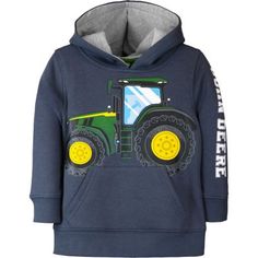 Ombre Blue hoodie with contrast lt grey jersey hood liner. Tractor screenprint front and John Deere on sleeve with pouch pocket is sure to be his favorite hoodie. Rib cuffs and waistband for added comfort. 70% Cotton 30% Polyester Fleece Sizes 2T, 3T, 4T Long Sleeve Hooded and Front Side Pockets Big Tractors, Boy Toddler, Boys Fleece, Pullover Fleece, Tractor Supply, Boys Sweatshirts, Hoodie Pullover, Toddler Boy Outfits, Blue Hoodie