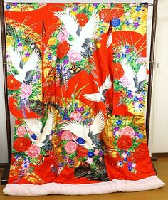 This Japanese wedding Uchikake kimono features Crane birds admiring the garden of Peonies and Wisteria. Wear this beautiful robe on your wedding day or hang it as a display to admire daily. Vintage Japanese Kimonos are a unique and stunning piece of Japanese culture. Kimono's are made completely by hand and are considered a wearable work of art. Item: Uchikake Kimono Japanese Wedding Robe No. yuk273 Size: US Large / Length 189cm , Width 66cm Design : Crain Condition: Used, Very Good. Please chec Elegant Red Kimono For Wedding, Traditional Red Kimono For Tea Ceremony, Traditional Red Kimono For Wedding, Red Kimono, Kimono Japanese, Dress Kimono, Japanese Wedding, Wedding Kimono, Crane Bird