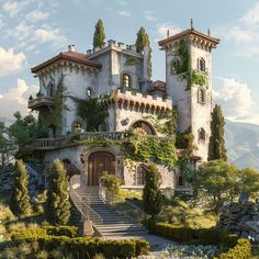 an old castle with ivy growing on the roof and stairs leading up to it's entrance