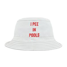 First, it protected fishermen from rain in the 1900s. Now, the personalized bucket hat is making its way to the very top of sun hats for beach and pool party fashion picks for all ages. This funny beach hat says to all I Pee In Pools. Sure to bring a laugh to everyone at the swimming pool. Silly sun hats are a staple in every beach goers wardrobe. Choice of black or white stitching seam lines, with the zaniest funny sayings make a modern wardrobe staple come to life.  .: Material: 100% polyester .: Available in 2 sizes .: Two stitching color options to pick from .: Sewn-in label .: Made in USA Sun hat, beach hat, pool hat, funny saying hat, I pee in pools, funny bucket hat, fishing hat, dad hat, funny gift for him Funny Bucket Hats, Pool Party Fashion, Bucket Hat Beach, Funny Beach, Fishing Hats, Beach Humor, Funny Gifts For Him, Fishing Hat, Modern Wardrobe