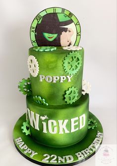 a green birthday cake with the words poppy on it and an image of a woman's face