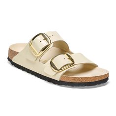 Birkenstock Arizona Big Buckle Narrow Slide Sandal (Women) - High Shine Ecru Leather Sandals - Slide - The Heel Shoe Fitters Birkenstock Arizona Big Buckle, Birkenstock Madrid Big Buckle, Arizona Big Buckle, Rich Girl Fashion, Birkenstock Styles, Rich Auntie, Black Birkenstock, Birkenstock Style, Two Strap Sandals