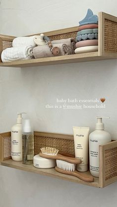 two wooden shelves filled with bath products and personal care items on top of each other