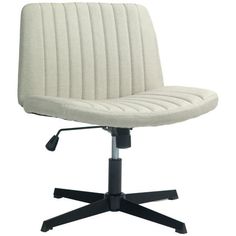 a white office chair sitting on top of a black metal base with an upholstered seat