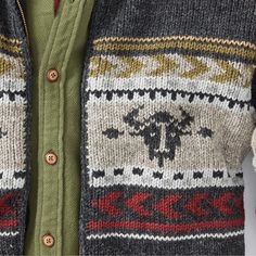 Yellowstone Sweater Jacket Looks like a sweater, wears like a jacket. All-American and made for the adventurist, our Yellowstone Sweater Jacket features a bold bison motif across the back – a symbol of abundance in some Indigenous traditions. Buffalo heads on the shoulders and arms are complemented by arrowhead and mountain patterns. Finished with a refined shawl collar, this sweater has a poly fleece lining and ribbing along the waist and cuffs for warmth. 100% wool. Fleece lined. Crafted by ar Black Outerwear With Fair Isle Pattern For Fall, Fair Isle Sweater For Fall Outdoor, Black Fair Isle Pattern Outerwear For Fall, Outdoor Fair Isle Sweater For Fall, Fall Fair Isle Sweater For Outdoor, Fall Outdoor Fair Isle Sweater, Nordic Black Outerwear For Fall, Black Winter Adventure Outerwear, Black Winter Outerwear For Adventure