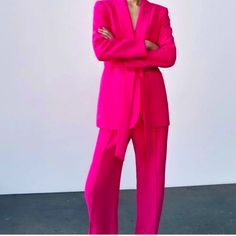 Zara Pant. Never Worn Chic Spring Pantsuit With Long Pants, Spring Solid Tailored Pantsuit, Tailored Solid Color Spring Pantsuit, Spring Tailored Solid Color Pantsuit, Zara Spring Workwear Pantsuit, Spring Office Pantsuit, Spring Office Pantsuit With Trousers, Pink High Waist Pantsuit For Work, Zara Pantsuit For Spring