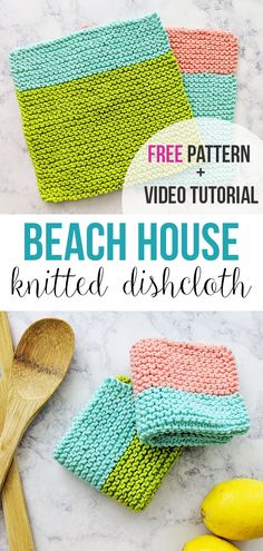 the beach house knitted dishcloth is shown with lemons and a wooden spoon