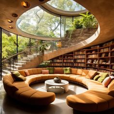 a living room filled with lots of furniture next to a spiral stair case covered in books