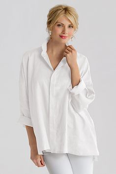 Linen Signature Shirt: Planet: Linen Shirt | Artful Home Classic Shirt For Layering With Shirttail Hem, Classic Shirt With Stand Collar For Spring, Classic Shirt With Relaxed Fit And Stand Collar, Elegant Tops With Fold Down Collar For Everyday, Ladies Shirts, Artful Home, White Shirts, White Linen, Linen Shirt