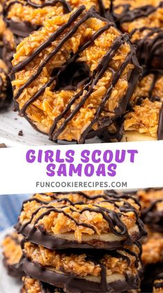 chocolate covered cookies are stacked on top of each other with the words girls scout samoas